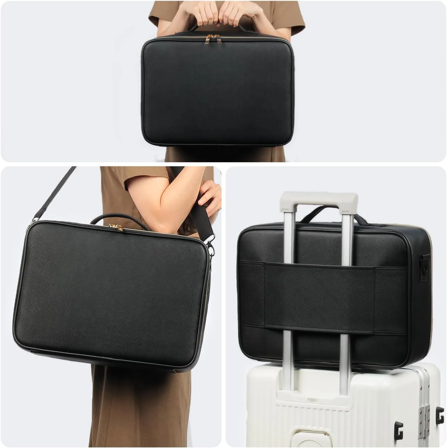 Makeup Travel Case, 16 Inch Makeup Artist Bag with Compartment and Dividers, Portable Cosmetic Bag for Women with Brush Storage Sturdy Dual Zip Closure, Waterproof, Durable, Gift for Her, Black