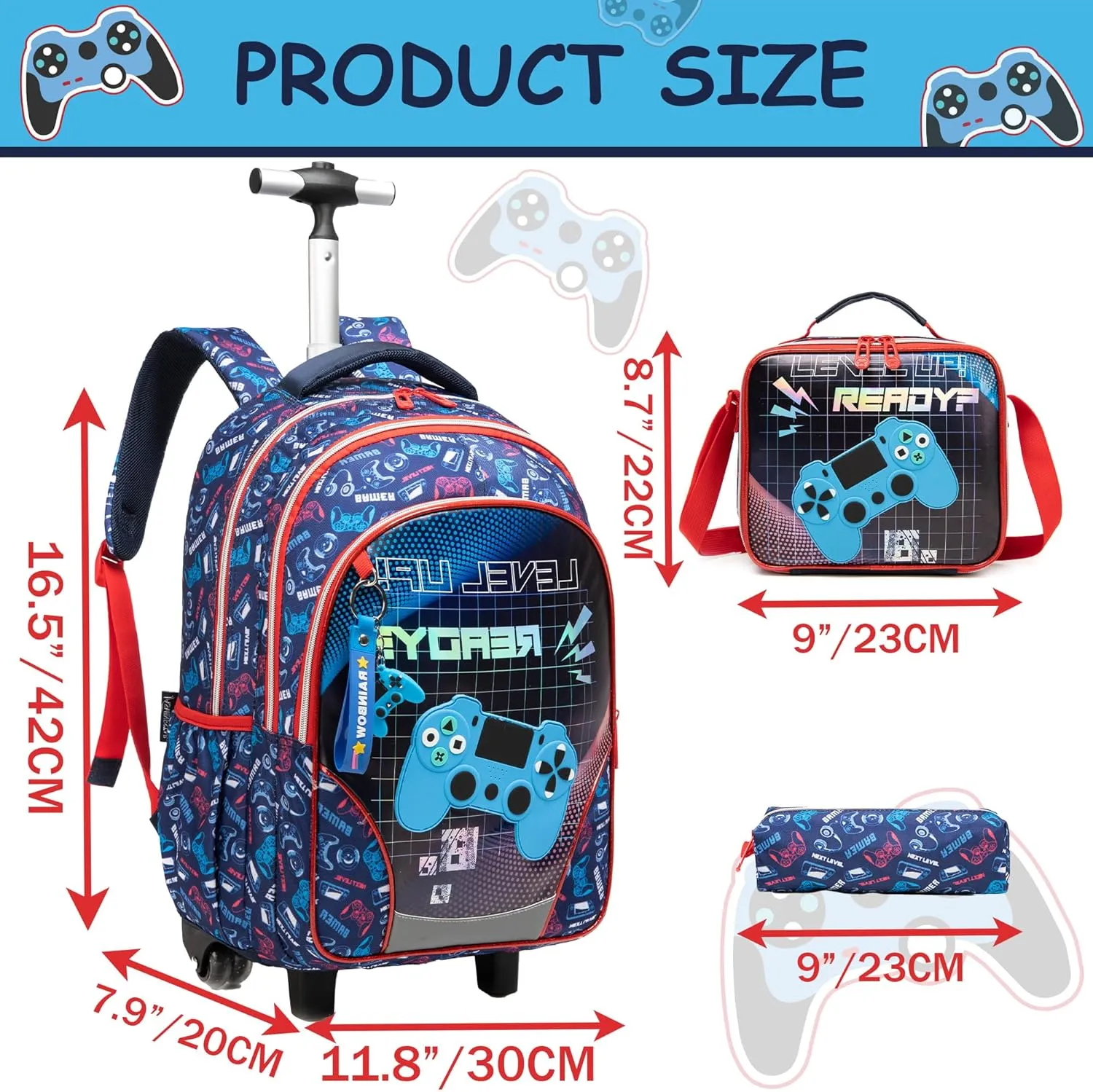 Meetbelify Boys Rolling Backpack with Wheels Kids Travel Luggage with Lunch Box Pencil Case for Elementary Students 3 in 1 Carry on Suitcase for Boys Ages 8-10