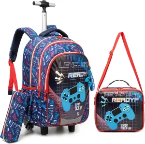 Meetbelify Boys Rolling Backpack with Wheels Kids Travel Luggage with Lunch Box Pencil Case for Elementary Students 3 in 1 Carry on Suitcase for Boys Ages 8-10