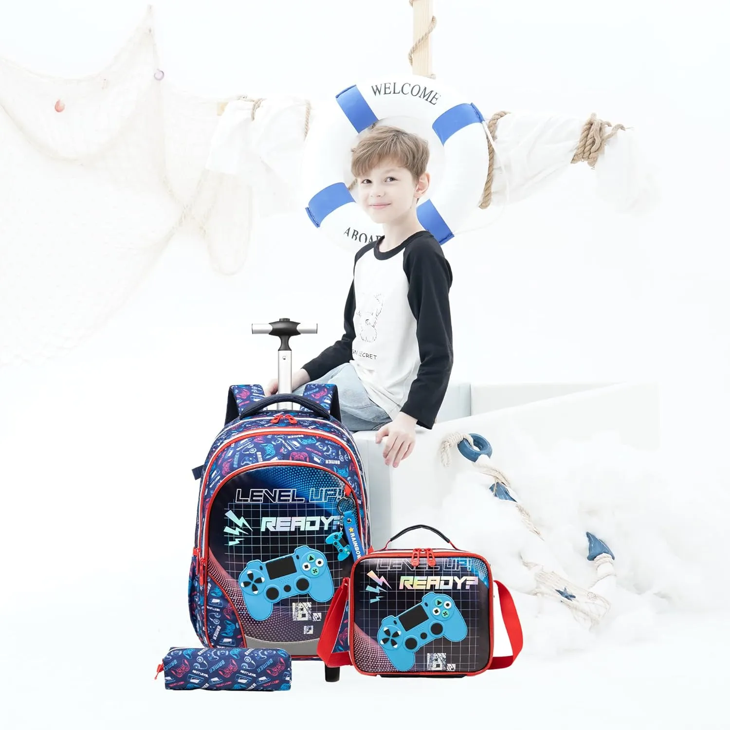 Meetbelify Boys Rolling Backpack with Wheels Kids Travel Luggage with Lunch Box Pencil Case for Elementary Students 3 in 1 Carry on Suitcase for Boys Ages 8-10