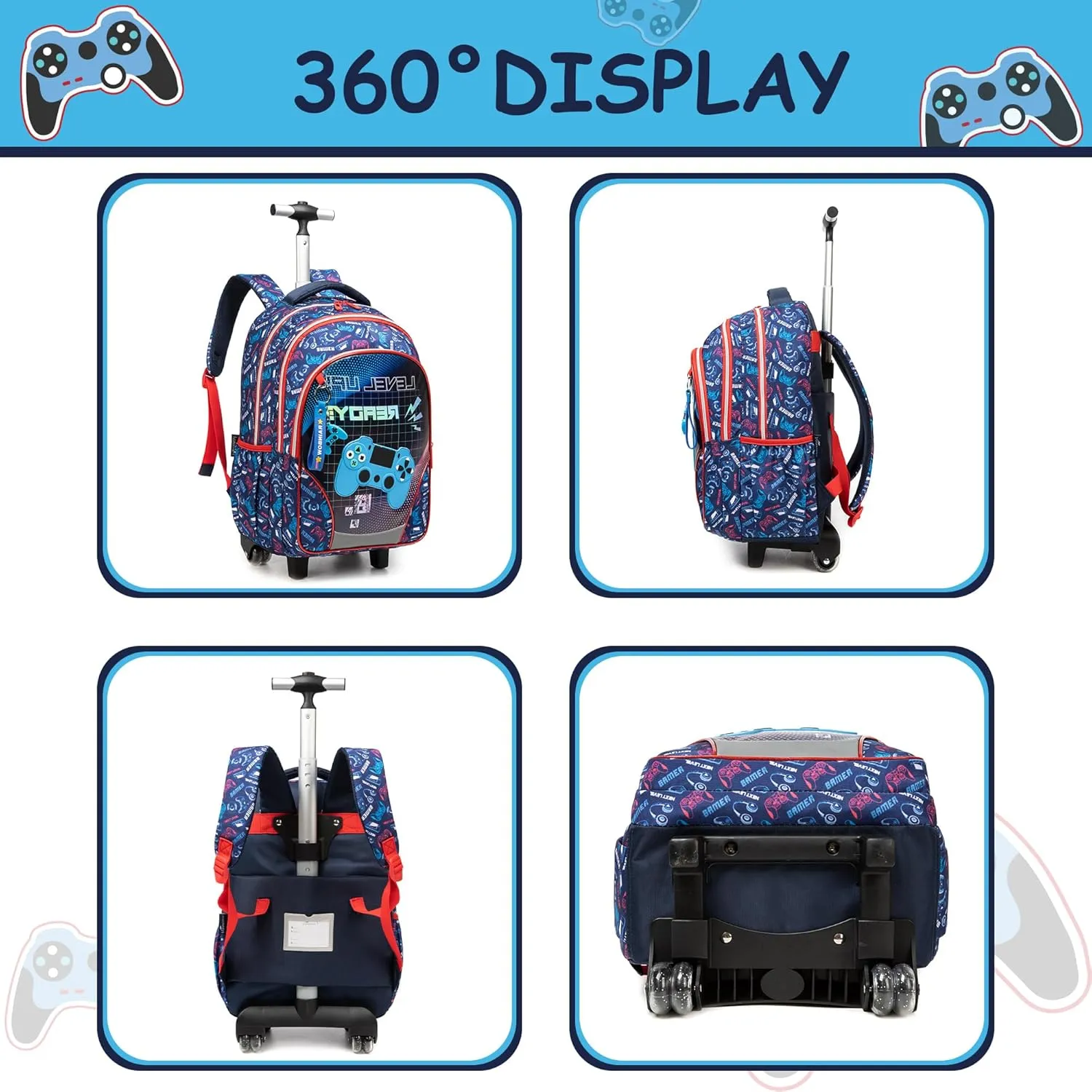 Meetbelify Boys Rolling Backpack with Wheels Kids Travel Luggage with Lunch Box Pencil Case for Elementary Students 3 in 1 Carry on Suitcase for Boys Ages 8-10