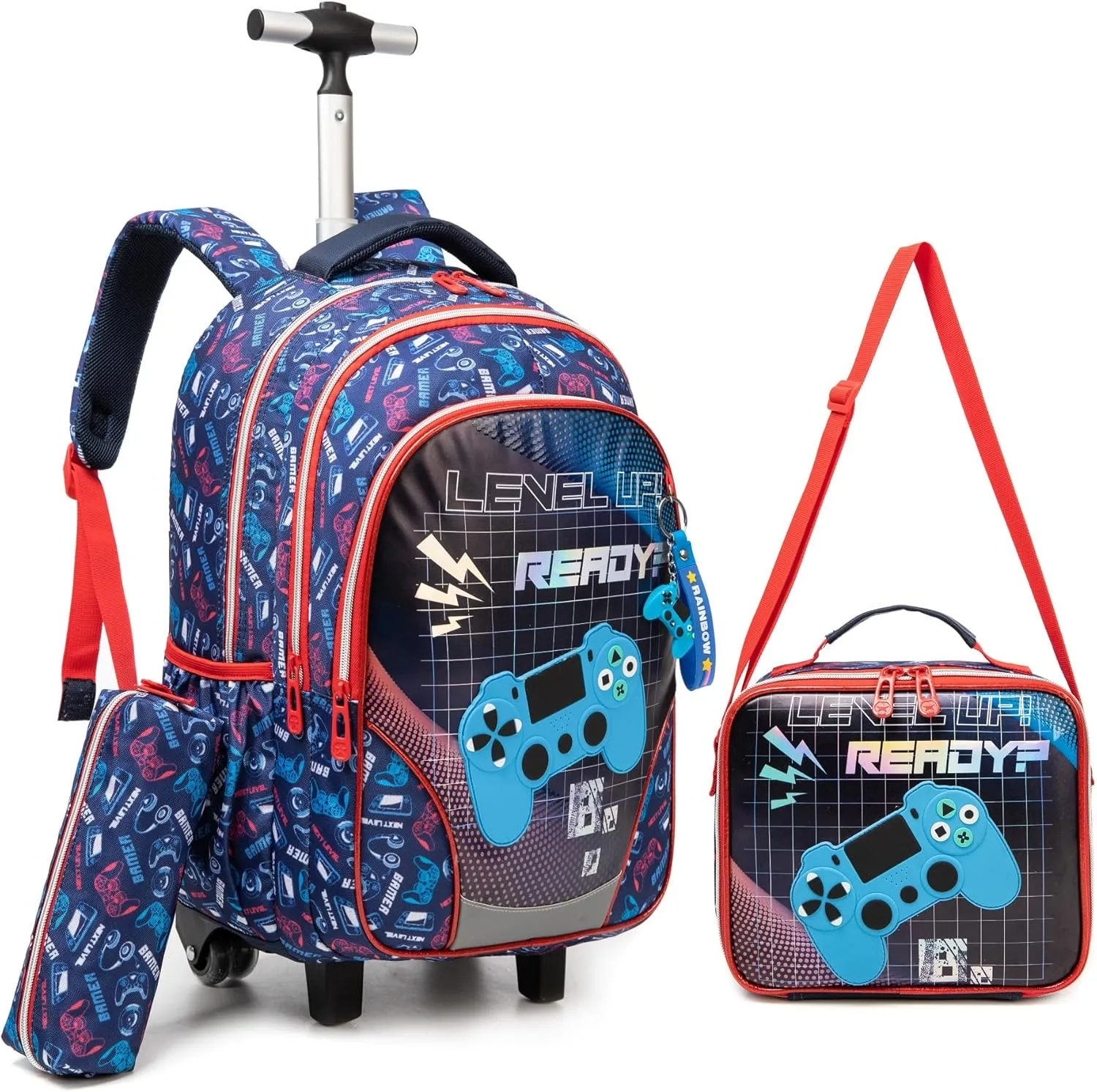 Meetbelify Boys Rolling Backpack with Wheels Kids Travel Luggage with Lunch Box Pencil Case for Elementary Students 3 in 1 Carry on Suitcase for Boys Ages 8-10