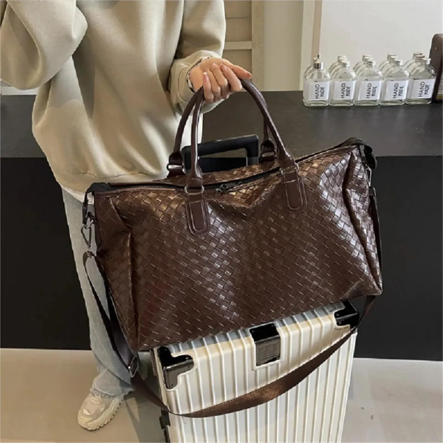 Men Women's Fashion Weaving Pu Leather Totes Large Capacity Shoulder Bags Business Casual Handbag Suitable For Traveling, Business Trip, Outdoor