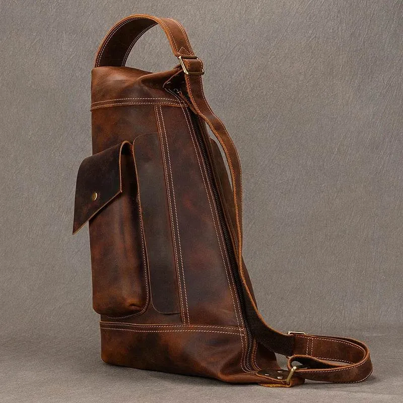Men's Leather Chest Bag Retro Single Shoulder Crossbody Bag
