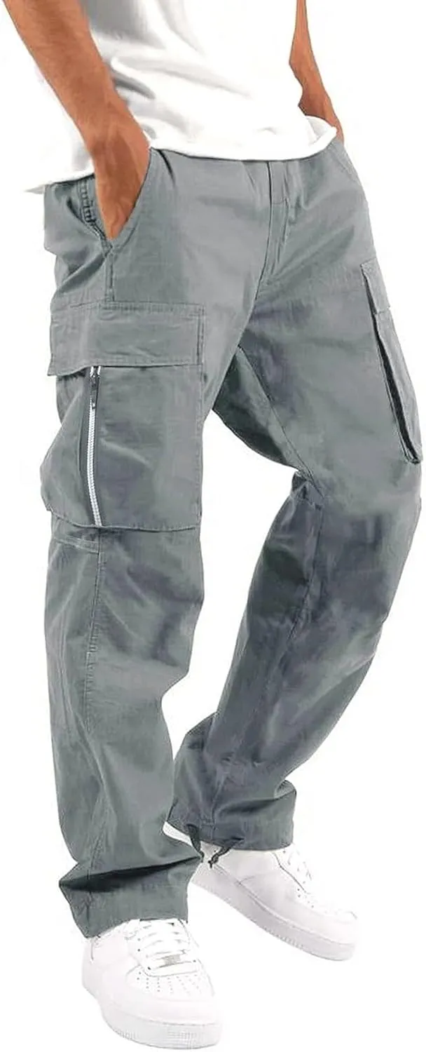 Mens Loose Cargo Pants Sports Hat Multi Woven Pocket Foot Rope Solid Pants Street Cargo Baggy Camo Tactical Trousers