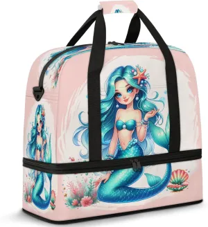 Mermaid Blue Ocean Travel Duffel Bags for Women & Men Large Sports Gym Bags Foldie Weekender Overnight Bag Carry On Tote Bag With Shoe Compartment Personal Item Luggage for Travel Sports Gym