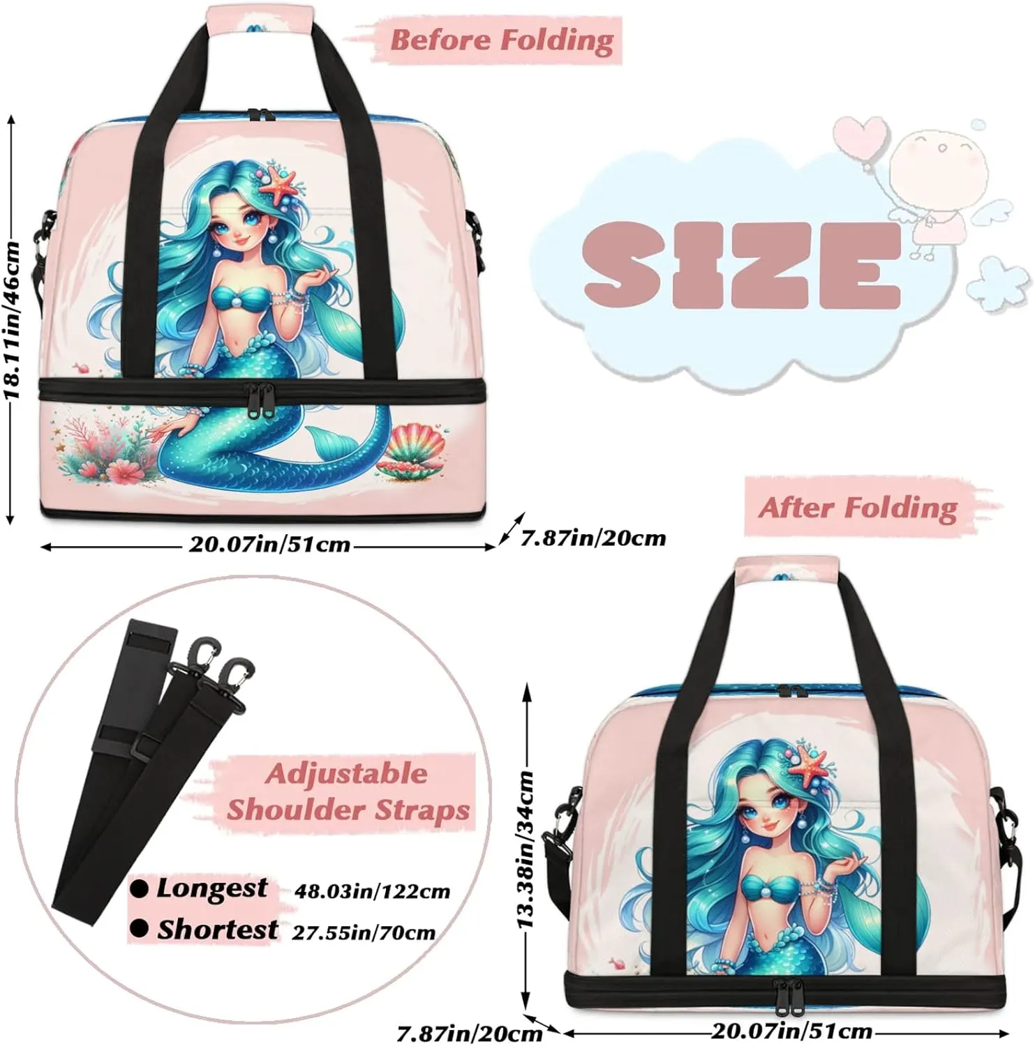 Mermaid Blue Ocean Travel Duffel Bags for Women & Men Large Sports Gym Bags Foldie Weekender Overnight Bag Carry On Tote Bag With Shoe Compartment Personal Item Luggage for Travel Sports Gym