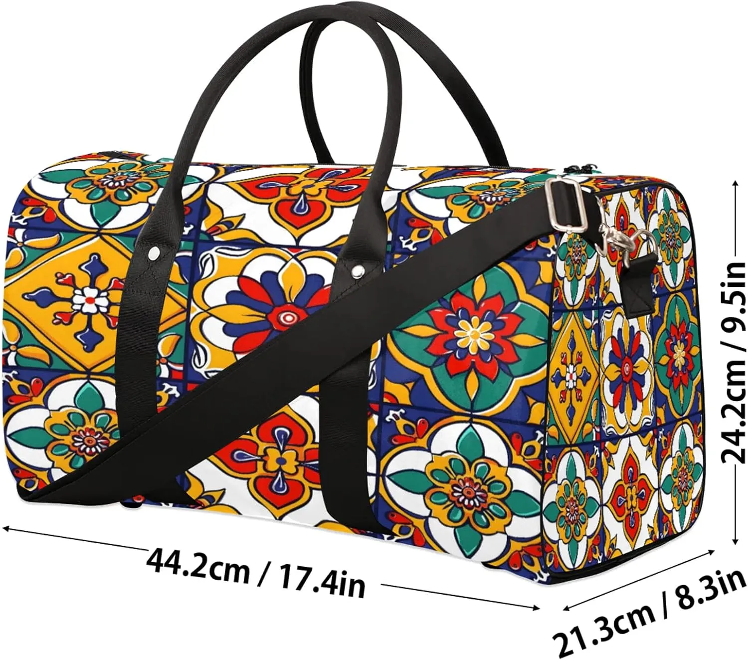 Mexican Talavera Ceramic Tile Travel Duffle Bag, Sports Gym Bags for Women Men, Carry On Weekender Overnight Workout Airplane Trips Bag