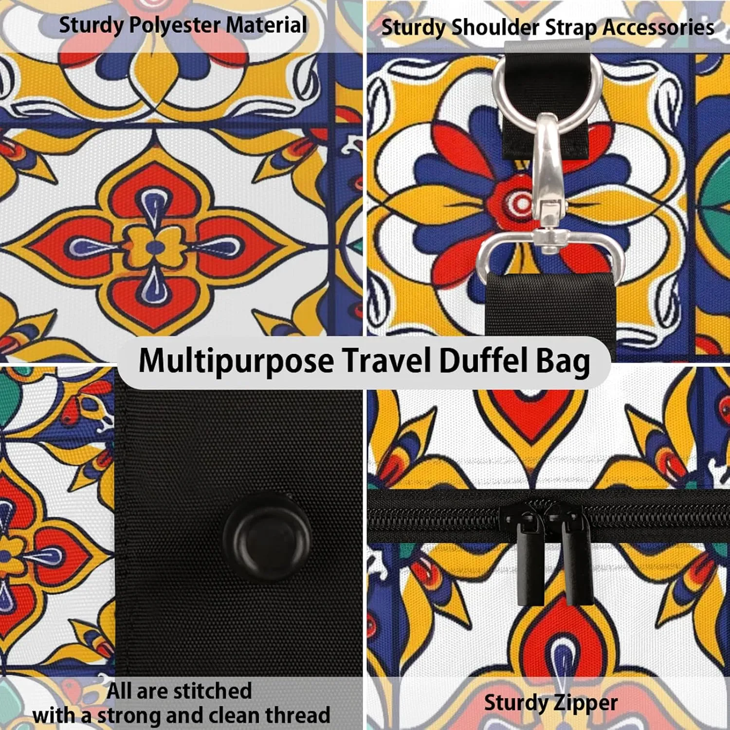 Mexican Talavera Ceramic Tile Travel Duffle Bag, Sports Gym Bags for Women Men, Carry On Weekender Overnight Workout Airplane Trips Bag