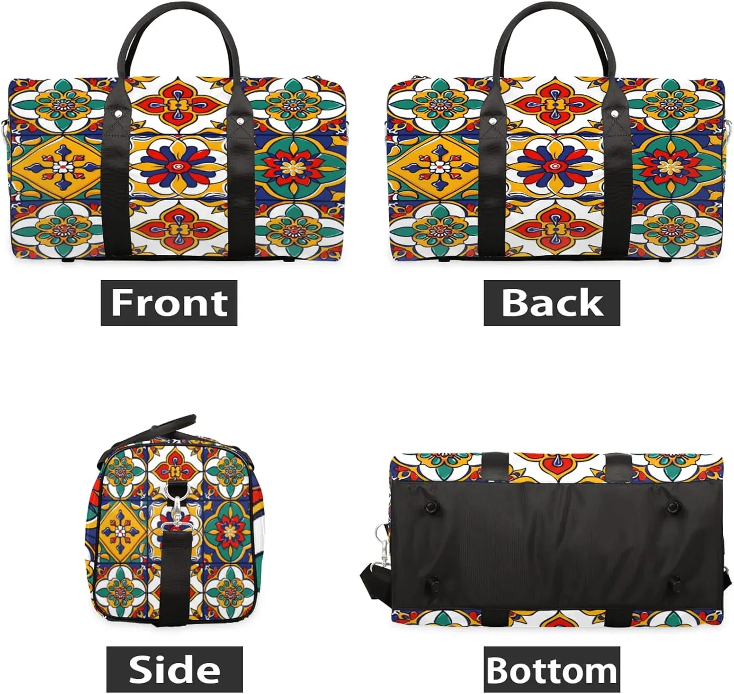 Mexican Talavera Ceramic Tile Travel Duffle Bag, Sports Gym Bags for Women Men, Carry On Weekender Overnight Workout Airplane Trips Bag