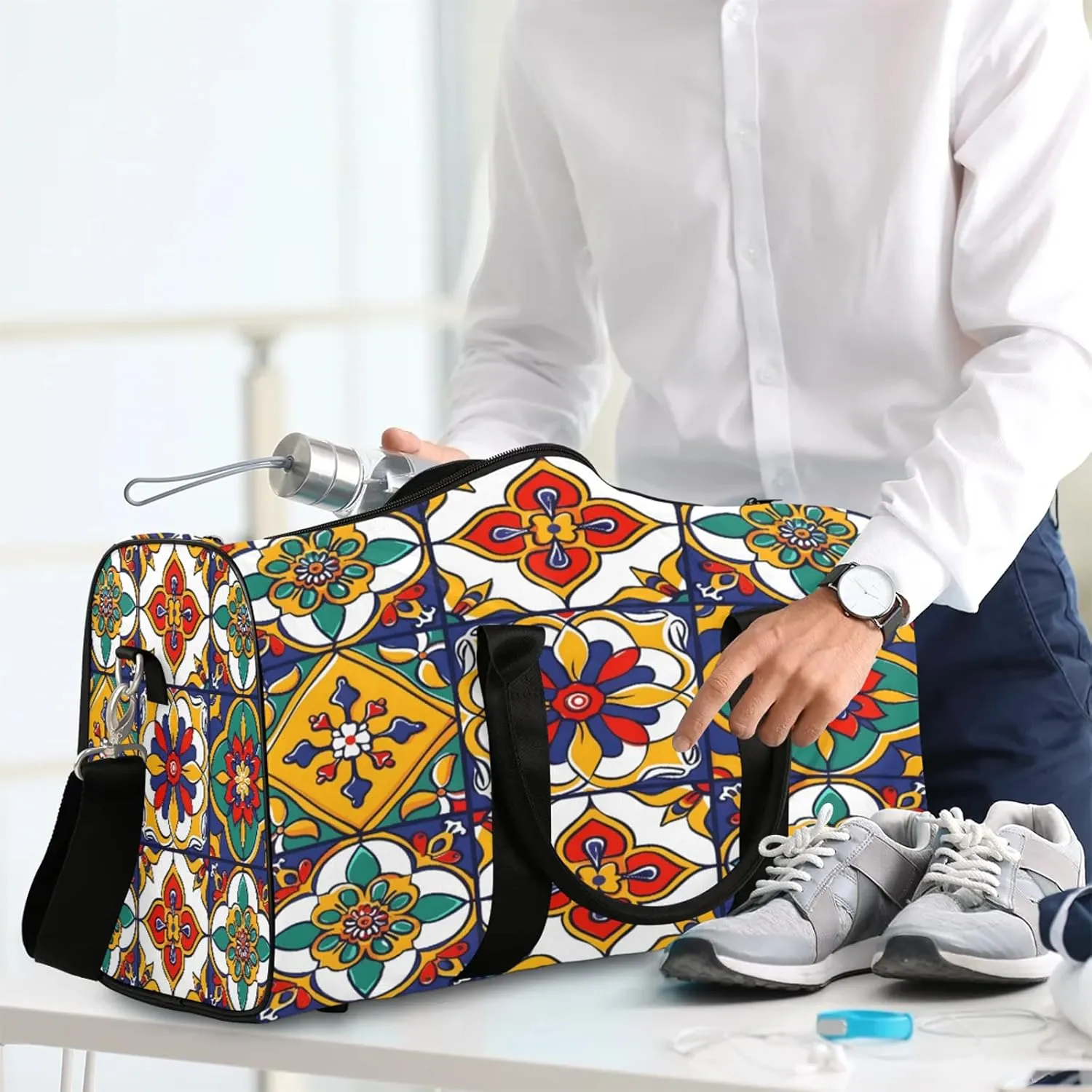 Mexican Talavera Ceramic Tile Travel Duffle Bag, Sports Gym Bags for Women Men, Carry On Weekender Overnight Workout Airplane Trips Bag
