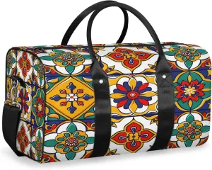 Mexican Talavera Ceramic Tile Travel Duffle Bag, Sports Gym Bags for Women Men, Carry On Weekender Overnight Workout Airplane Trips Bag