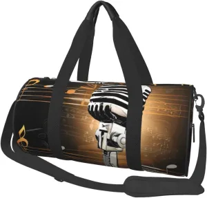 Microphone with Music Notes Printed Sports Gym Bag for Men Women Foldable Duffel Bag Carry On Weekender Bag for Travel Sports