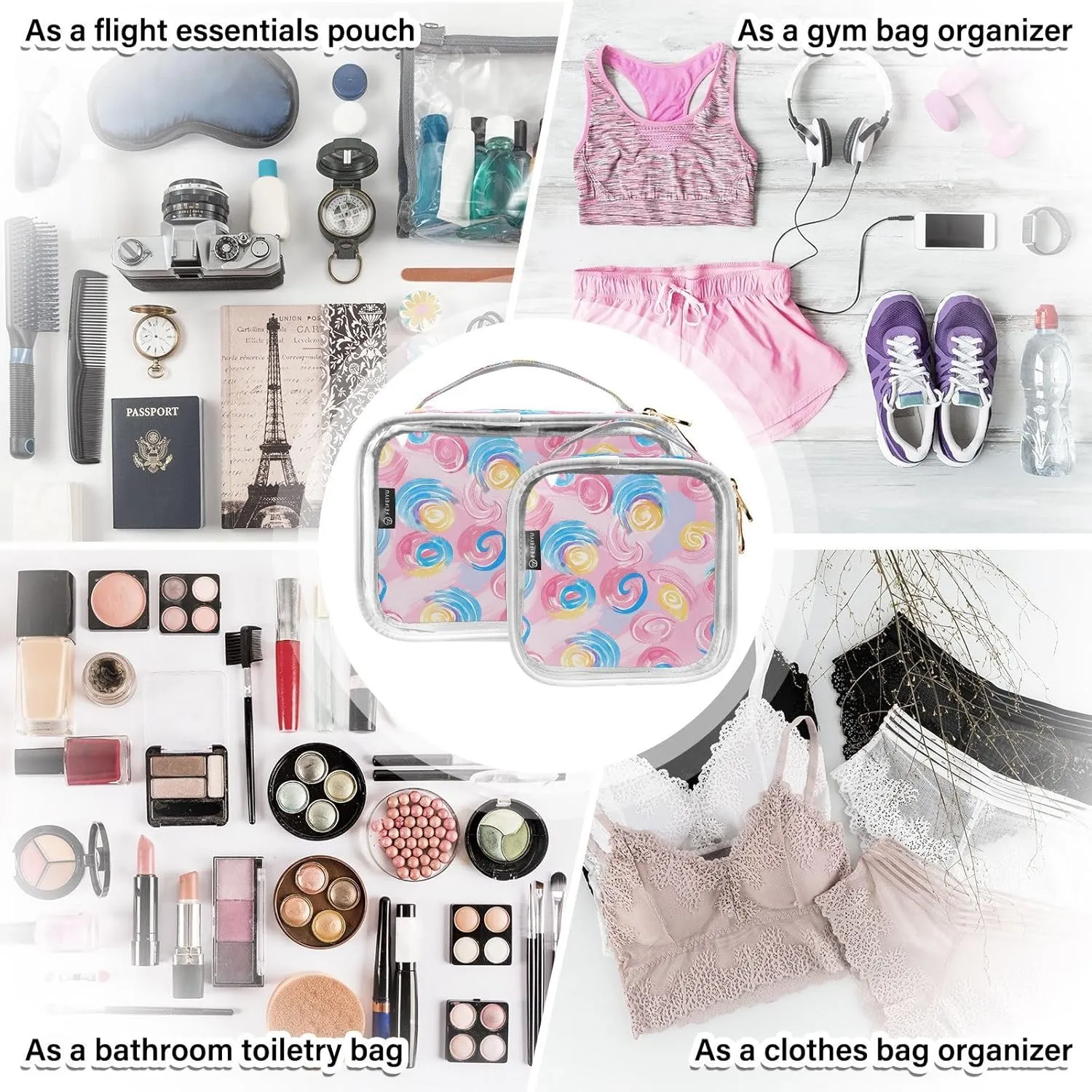 MNSRUU Clear Makeup Bags Candy Color Toiletry Bag for Women 2 PCS Waterproof Clear Bags Clear Travel Toiletry Bag Small Cosmetic Makeup Bag, Carry on Airport Airline Compliant Bag