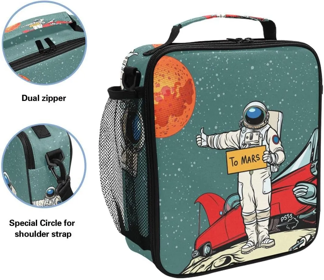 MNSRUU Lunch Bags for Boys Girls, Astronaut Space Cartoon Reusable Insulated Lunch Box Thermal Meal Tote Kit, Lunch Cooler Bag Organizer with Adjustable Shoulder Strap
