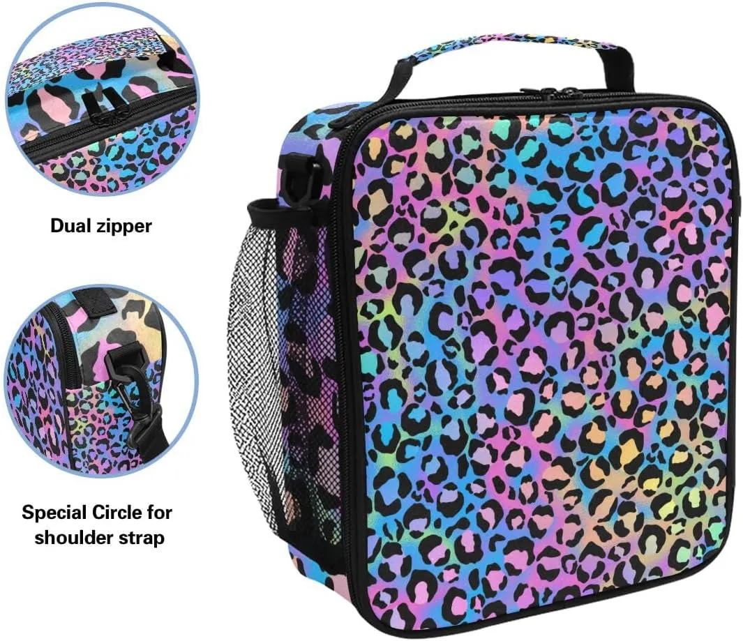 MNSRUU Lunch Bags for Boys Girls Student, Rainbow Leopard Reusable Insulated Lunch Cooler Bag Organizer Thermal Meal Tote Kit, Lunch Box with Adjustable Shoulder Strap