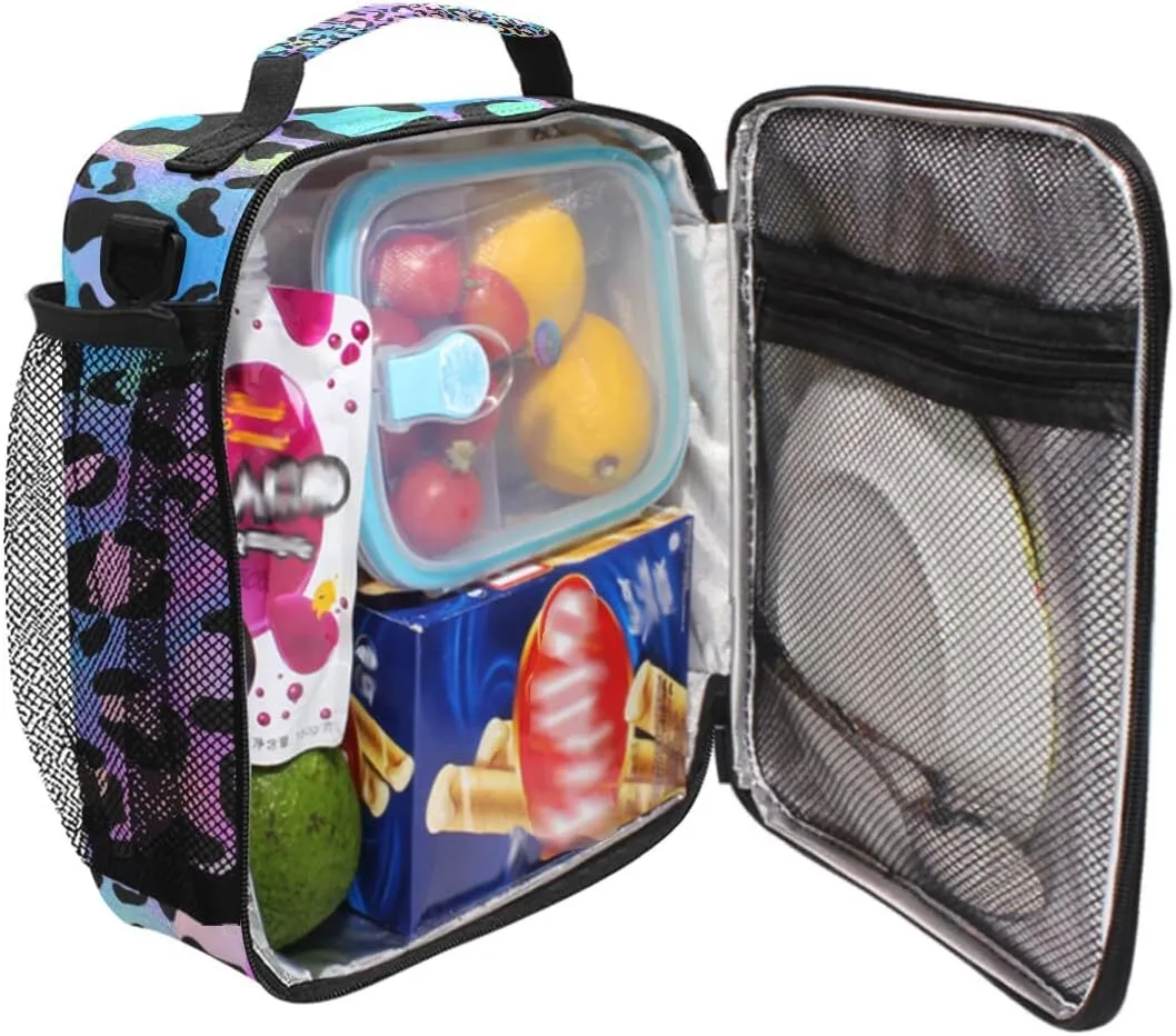 MNSRUU Lunch Bags for Boys Girls Student, Rainbow Leopard Reusable Insulated Lunch Cooler Bag Organizer Thermal Meal Tote Kit, Lunch Box with Adjustable Shoulder Strap