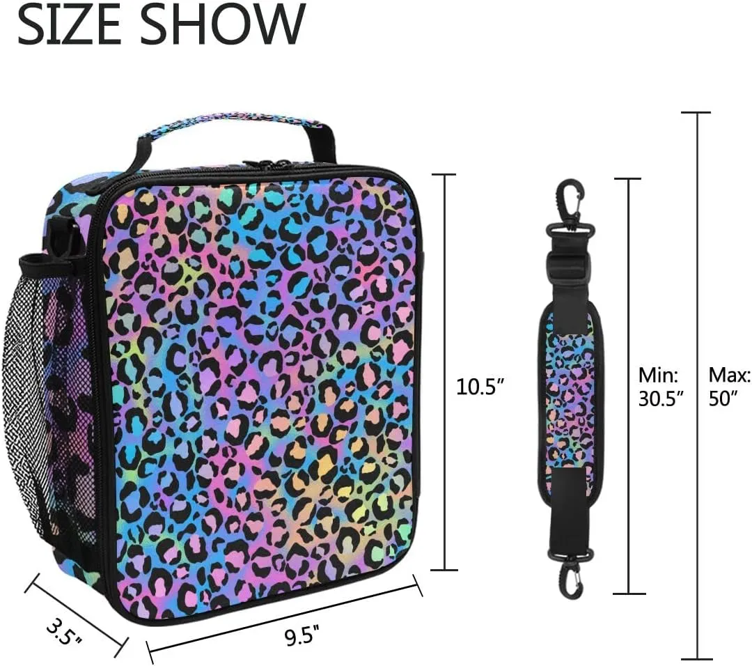 MNSRUU Lunch Bags for Boys Girls Student, Rainbow Leopard Reusable Insulated Lunch Cooler Bag Organizer Thermal Meal Tote Kit, Lunch Box with Adjustable Shoulder Strap