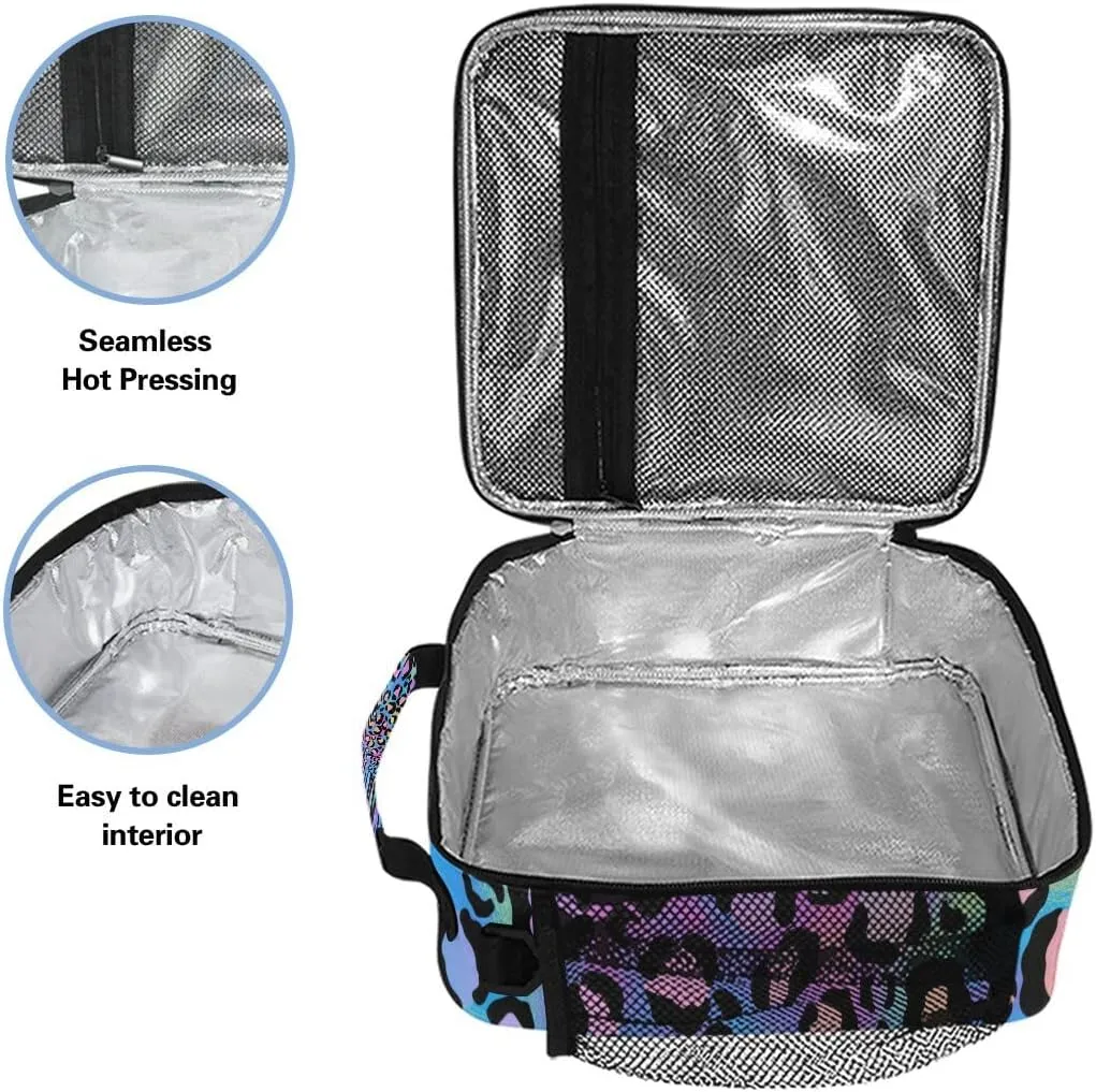 MNSRUU Lunch Bags for Boys Girls Student, Rainbow Leopard Reusable Insulated Lunch Cooler Bag Organizer Thermal Meal Tote Kit, Lunch Box with Adjustable Shoulder Strap