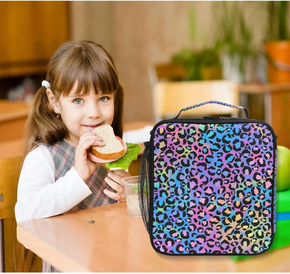 MNSRUU Lunch Bags for Boys Girls Student, Rainbow Leopard Reusable Insulated Lunch Cooler Bag Organizer Thermal Meal Tote Kit, Lunch Box with Adjustable Shoulder Strap