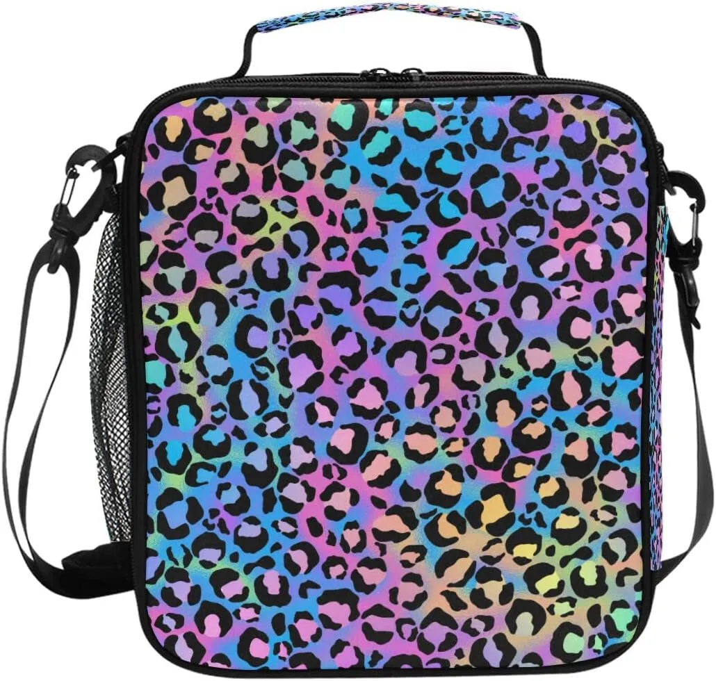 MNSRUU Lunch Bags for Boys Girls Student, Rainbow Leopard Reusable Insulated Lunch Cooler Bag Organizer Thermal Meal Tote Kit, Lunch Box with Adjustable Shoulder Strap