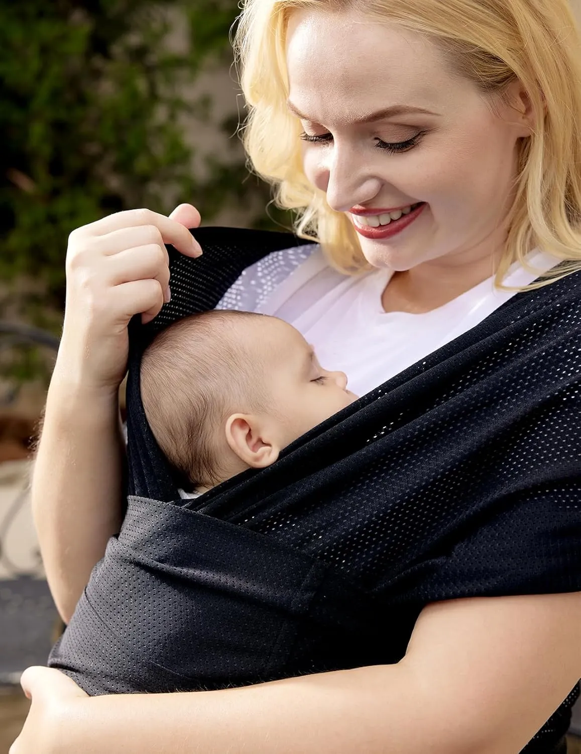 Momcozy Adjustable Buckle Baby Wrap Carrier Cooling Air-Mesh, Easy to Wear Baby Carrier Sling, Baby Carriers Newborn to Toddler 8-35lbs, Suit for Waist 47-57inch, Plus Size Black