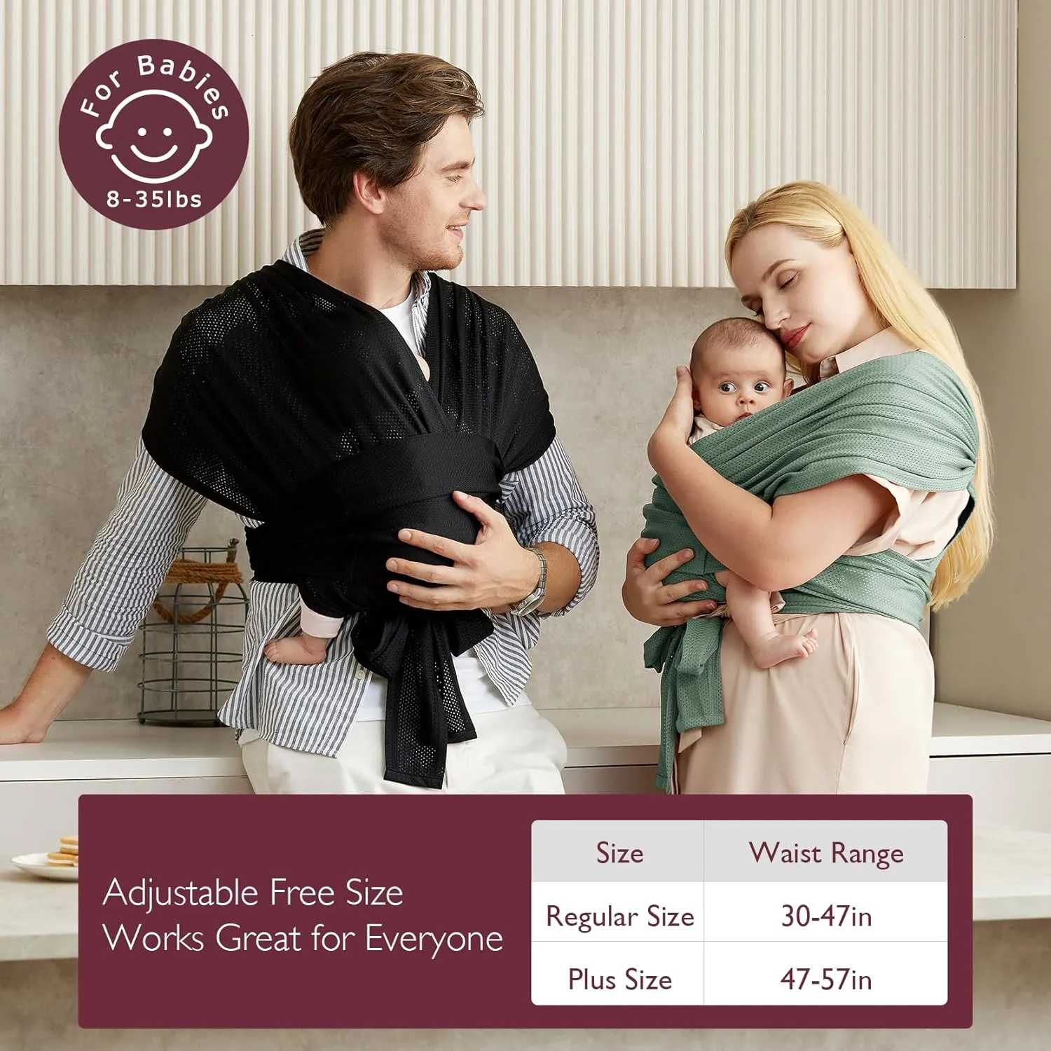 Momcozy Adjustable Buckle Baby Wrap Carrier Cooling Air-Mesh, Easy to Wear Baby Carrier Sling, Baby Carriers Newborn to Toddler 8-35lbs, Suit for Waist 47-57inch, Plus Size Black