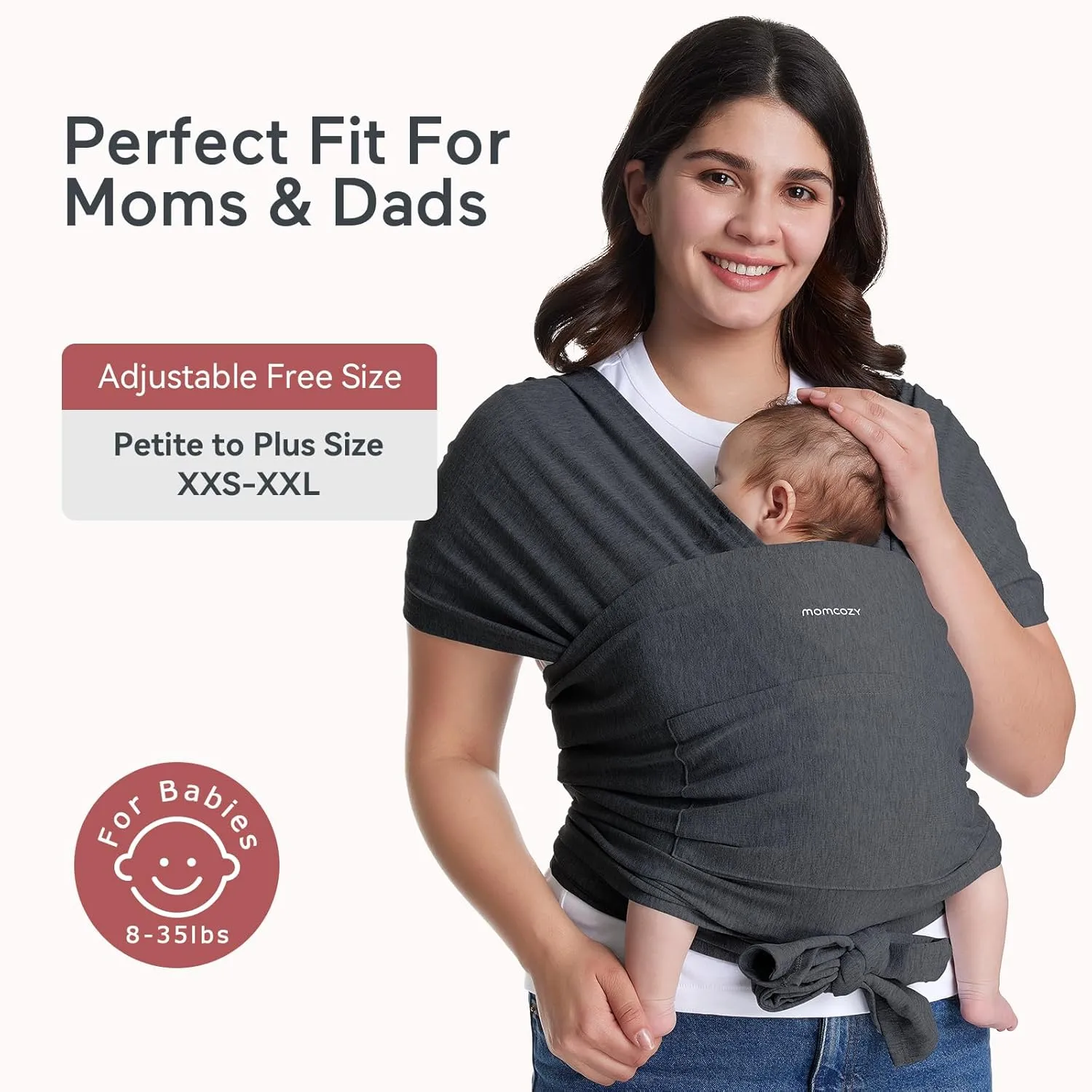 Momcozy Baby Wrap Carrier, Easy to Wear Infant Carrier Slings, Lightweight Hands Free Baby Sling, Adjustable Baby Carriers for Newborn to Toddler 8-35 lbs, Deep Grey