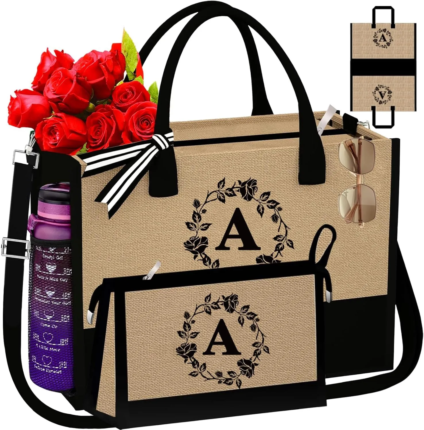 Monogrammed Tote Bags, 2Pcs Initial Personalized Jute Tote Birthday Gifts Bags for Women Her Girlfriend Sister Mom