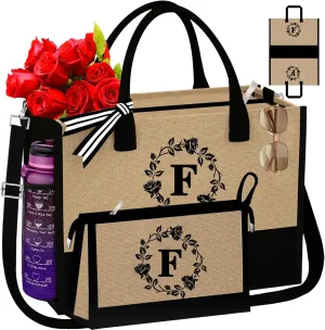 Monogrammed Tote Bags, 2Pcs Initial Personalized Jute Tote Birthday Gifts Bags for Women Her Girlfriend Sister Mom
