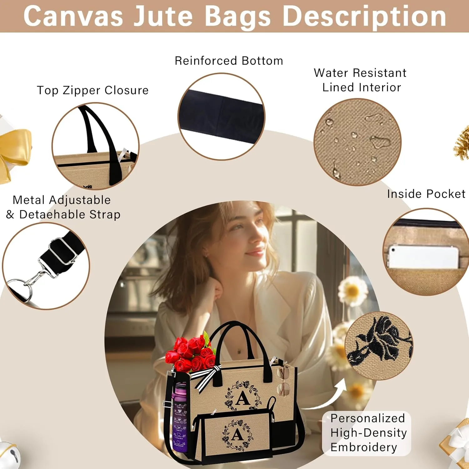 Monogrammed Tote Bags, 2Pcs Initial Personalized Jute Tote Birthday Gifts Bags for Women Her Girlfriend Sister Mom