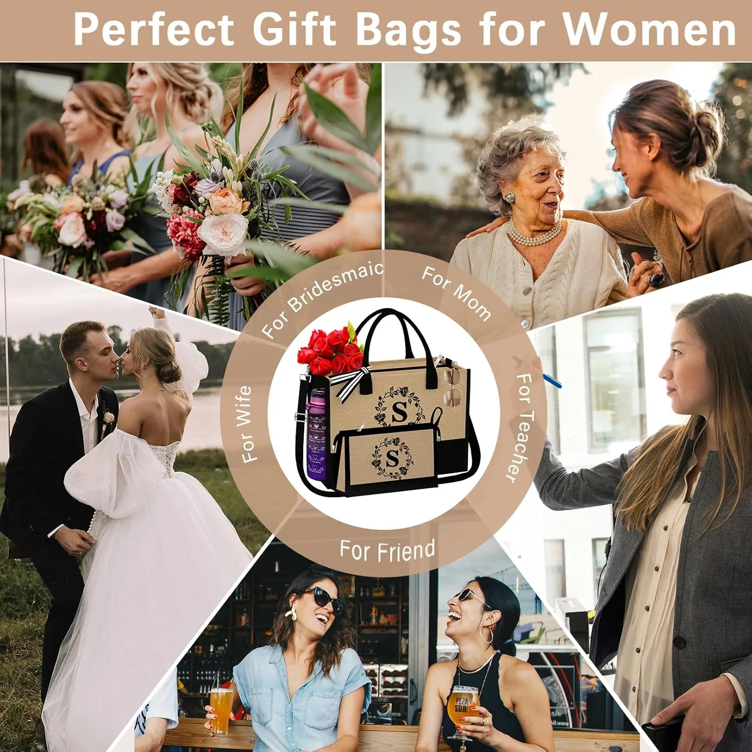 Monogrammed Tote Bags, 2Pcs Initial Personalized Jute Tote Birthday Gifts Bags for Women Her Girlfriend Sister Mom