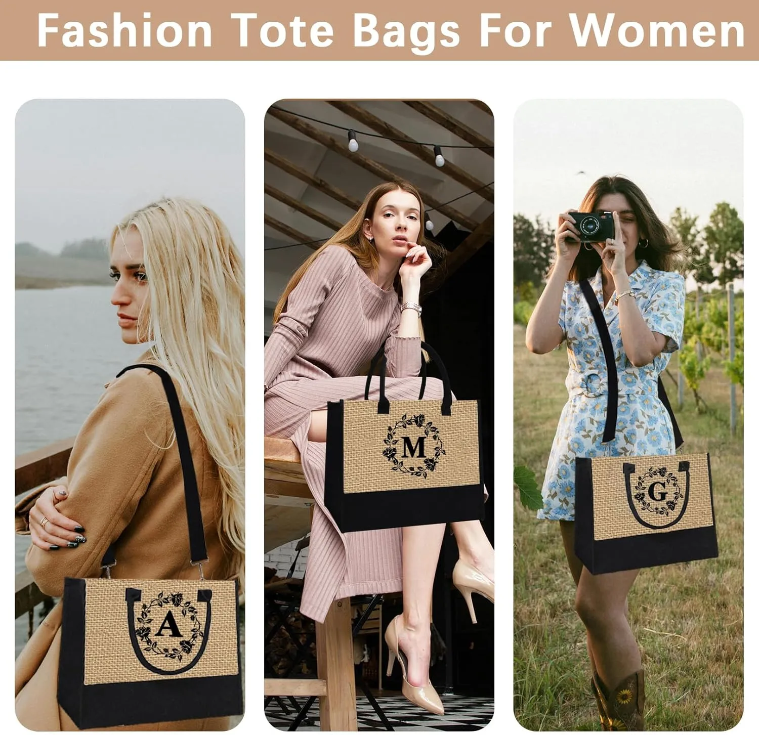 Monogrammed Tote Bags, 2Pcs Initial Personalized Jute Tote Birthday Gifts Bags for Women Her Girlfriend Sister Mom