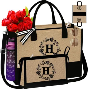 Monogrammed Tote Bags, 2Pcs Initial Personalized Jute Tote Birthday Gifts Bags for Women Her Girlfriend Sister Mom