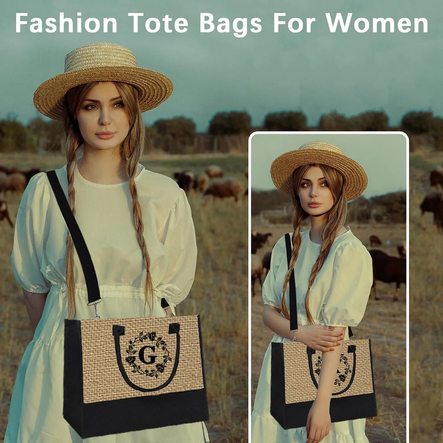 Monogrammed Tote Bags, 3Pcs Birthday Gifts for Women Initial Personalized Jute Tote Bags for Her Female Sister Mom