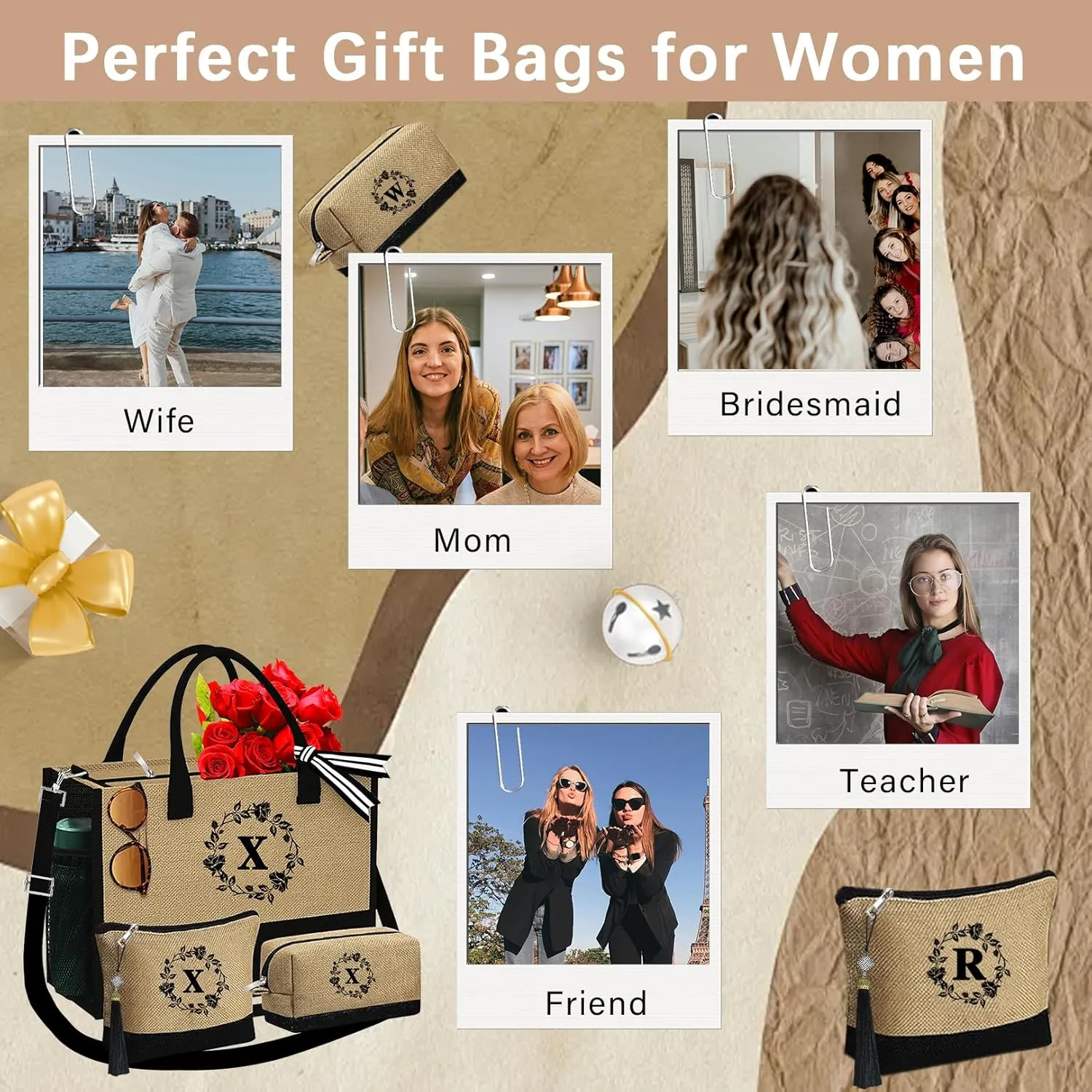 Monogrammed Tote Bags, 3Pcs Birthday Gifts for Women Initial Personalized Jute Tote Bags for Her Female Sister Mom
