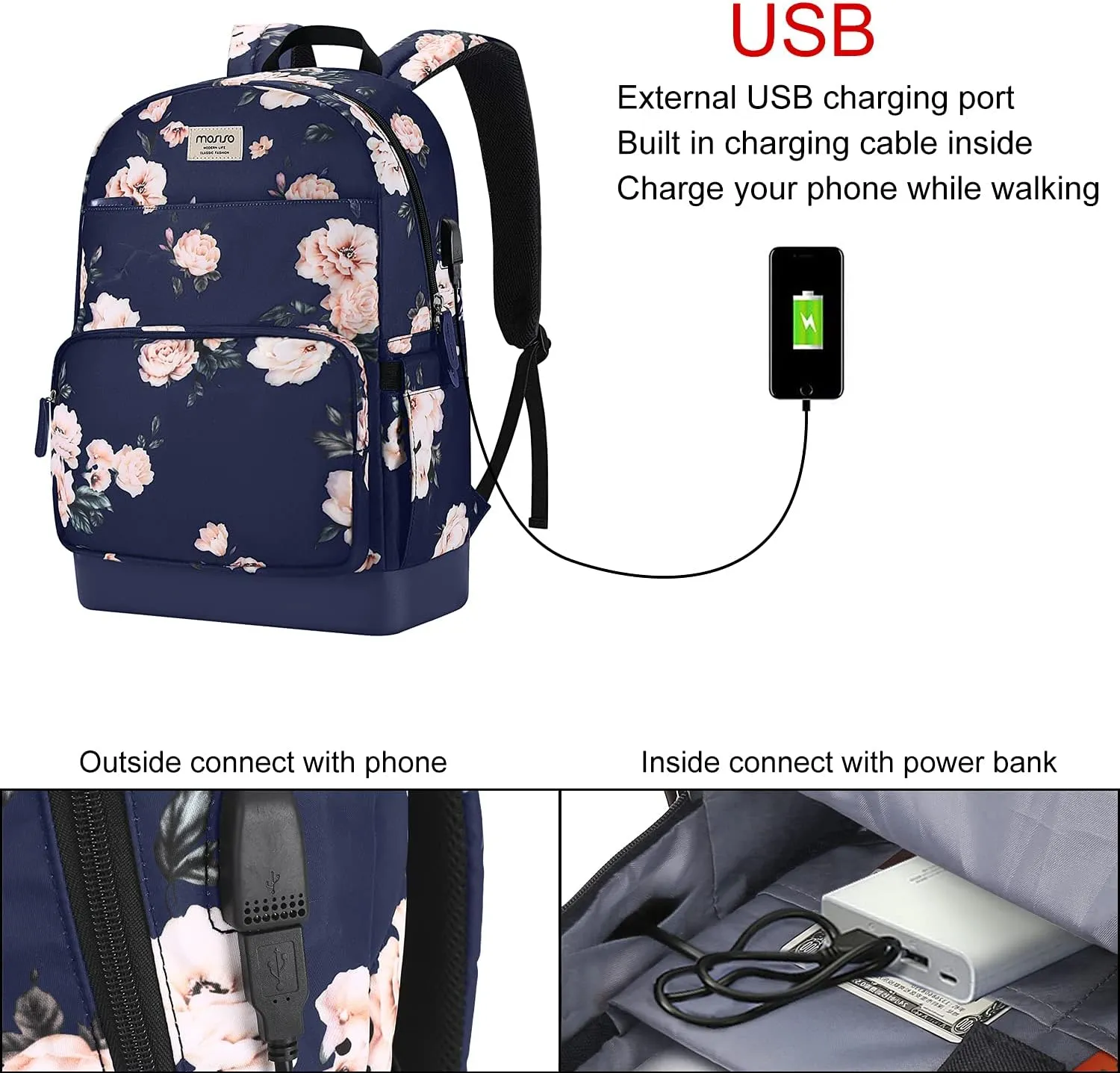 MOSISO 15.6-16 inch Laptop Backpack for Women, Polyester Anti-Theft Stylish Casual Daypack Bag with Luggage Strap & USB Charging Port, Camellia Travel Backpack, Blue