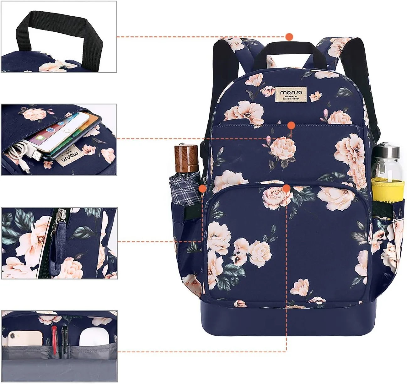 MOSISO 15.6-16 inch Laptop Backpack for Women, Polyester Anti-Theft Stylish Casual Daypack Bag with Luggage Strap & USB Charging Port, Camellia Travel Backpack, Blue