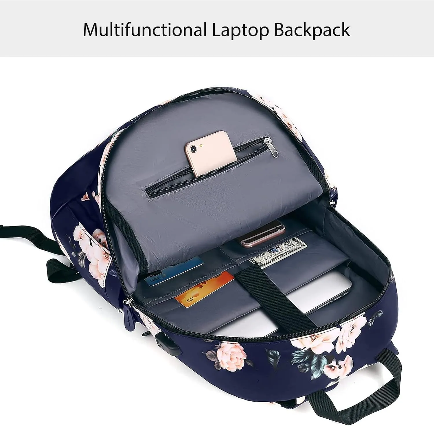MOSISO 15.6-16 inch Laptop Backpack for Women, Polyester Anti-Theft Stylish Casual Daypack Bag with Luggage Strap & USB Charging Port, Camellia Travel Backpack, Blue