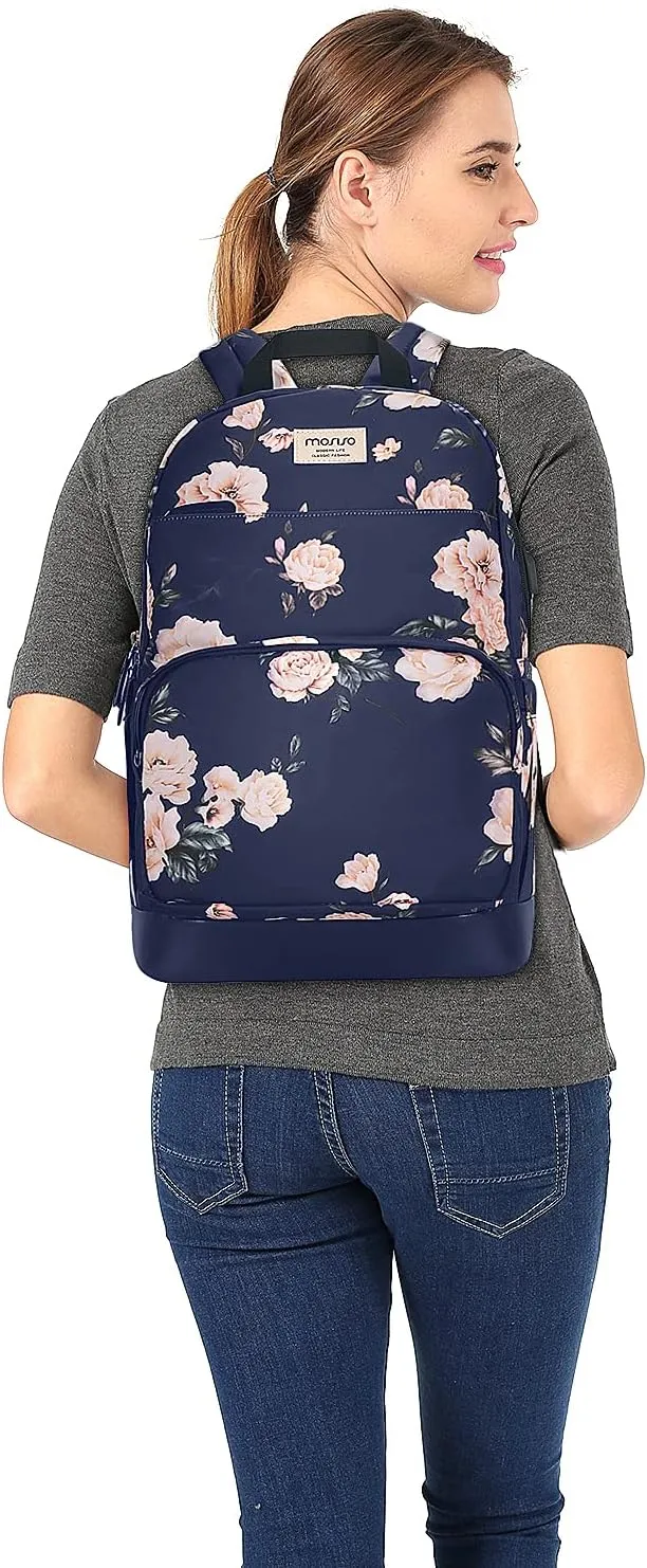 MOSISO 15.6-16 inch Laptop Backpack for Women, Polyester Anti-Theft Stylish Casual Daypack Bag with Luggage Strap & USB Charging Port, Camellia Travel Backpack, Blue