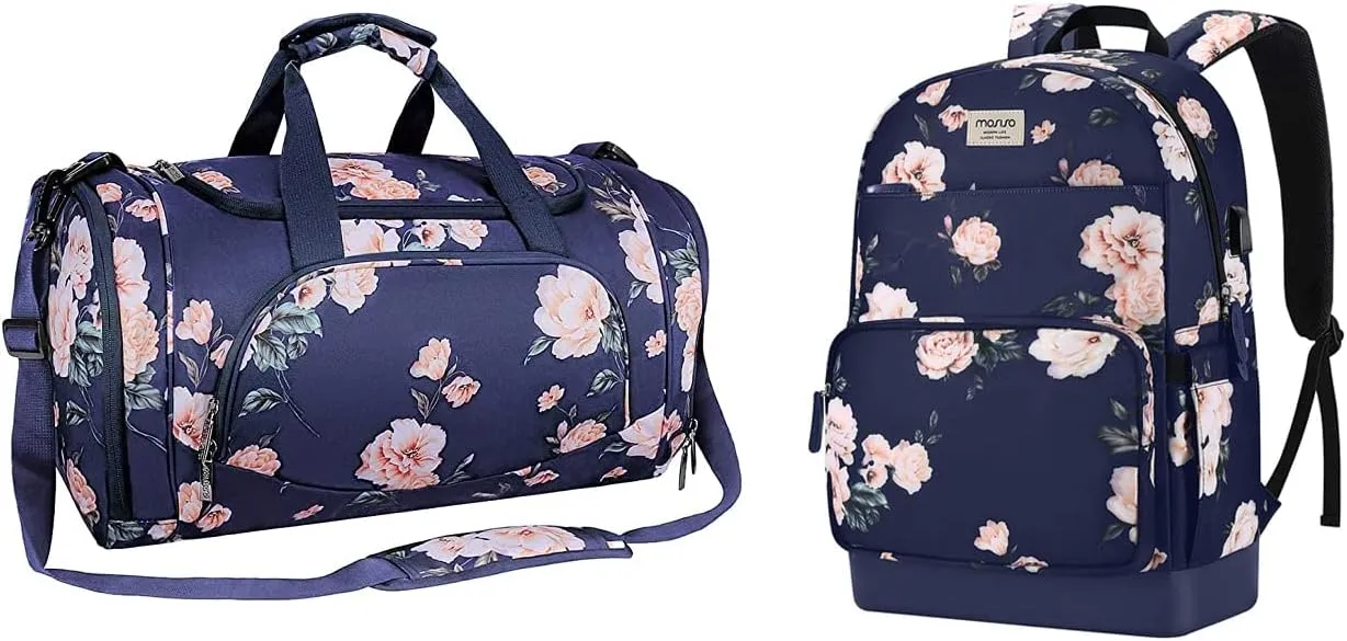 MOSISO 15.6-16 inch Laptop Backpack for Women with Luggage Strap & USB Charging Port, Sports Duffel Peony Gym Bag with Shoe Compartment&Camellia Travel Business Bag, Blue