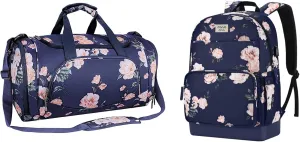 MOSISO 15.6-16 inch Laptop Backpack for Women with Luggage Strap & USB Charging Port, Sports Duffel Peony Gym Bag with Shoe Compartment&Camellia Travel Business Bag, Blue