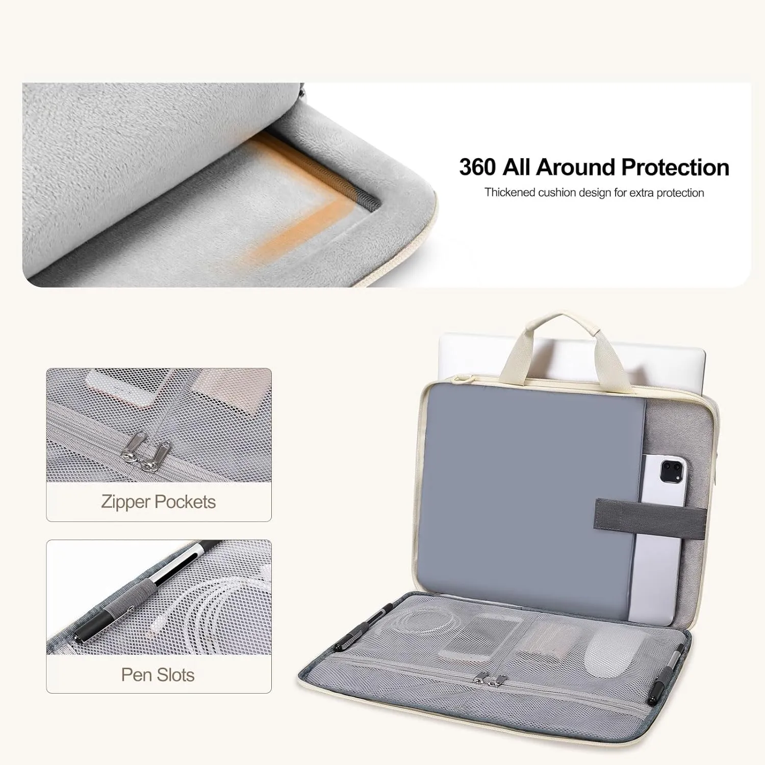 MOSISO 360 Protective Laptop Shoulder Bag, 13-13.3 inch Double Layer Fluffy Padded Laptop Bag with Anti-theft Zipper Compatible with MacBook, HP, Dell, Lenovo, Asus Notebook, Sand