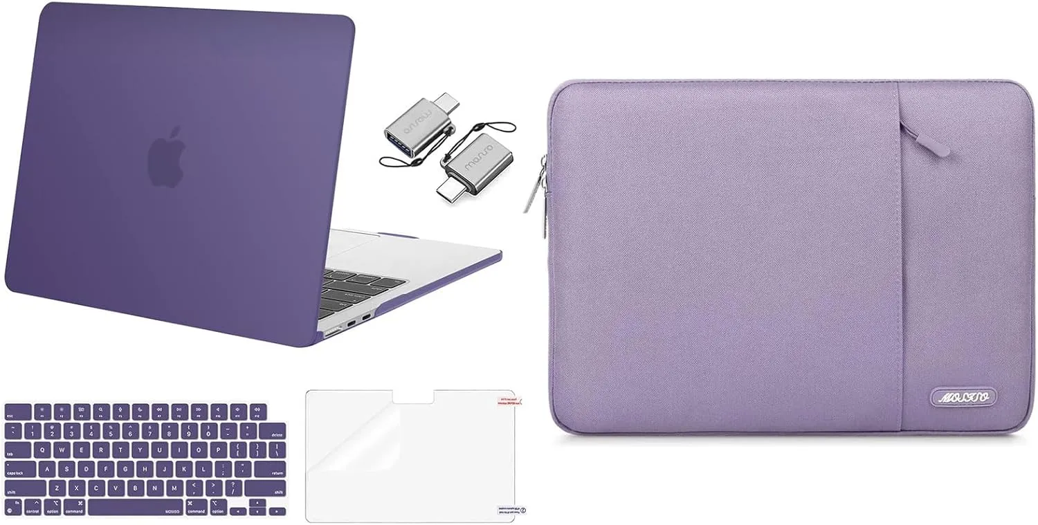 MOSISO Compatible with MacBook Air 13 inch Case 2024 2023 2022 M3 A3113 M2 A2681 Touch ID, Plastic Hard Shell&Keyboard Cover&Screen Film&Type C Adapter&Polyester Vertical Bag, Imperial Purple&Purple