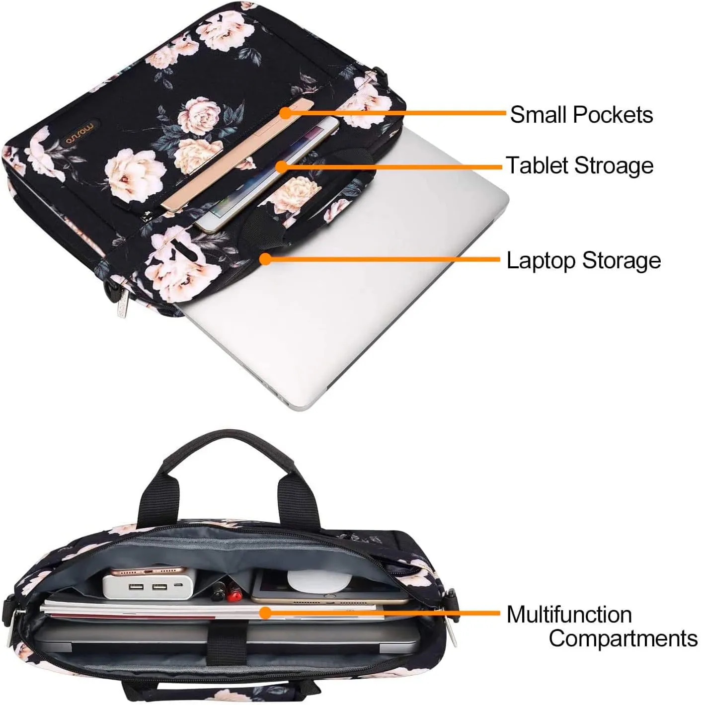 MOSISO Laptop Shoulder Bag Compatible with MacBook Air 15 inch M3 A3114 M2 A2941/Pro 16 M4 M3 M2 M1, 15-15.6 inch Notebook, Camellia Sleeve with Adjustable Depth at Bottom, Black