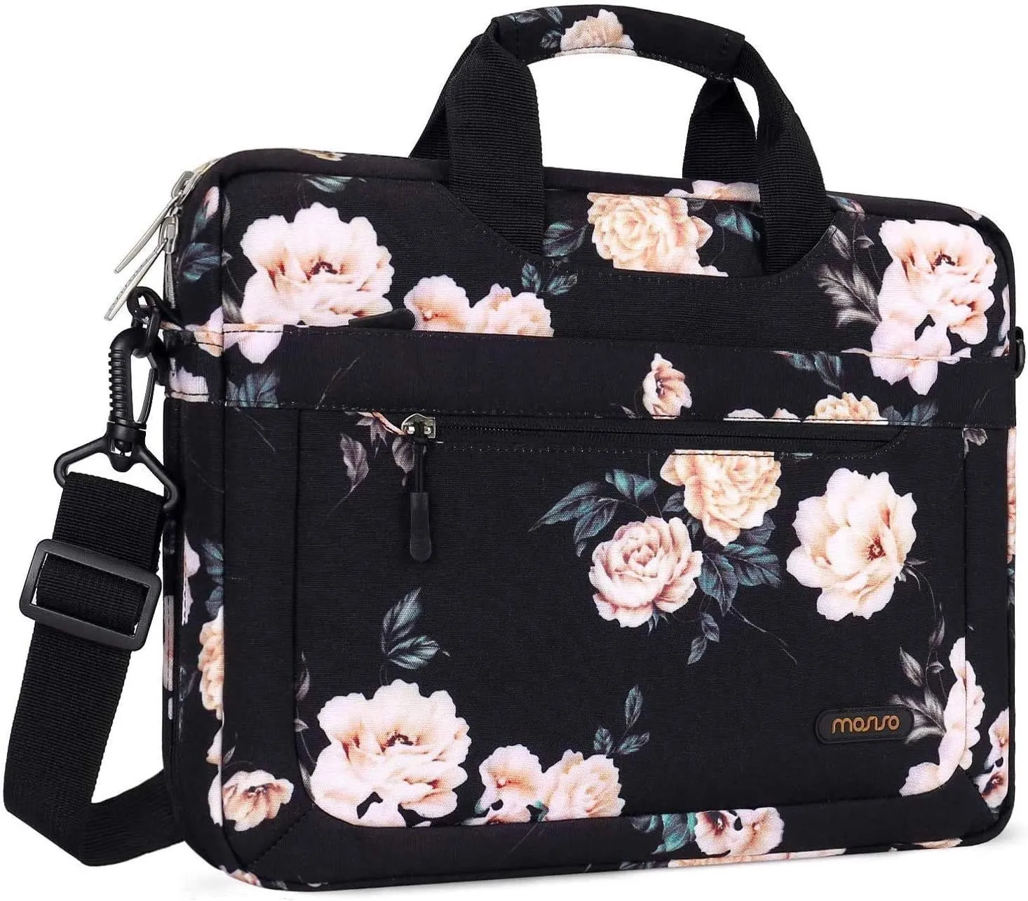 MOSISO Laptop Shoulder Bag Compatible with MacBook Air 15 inch M3 A3114 M2 A2941/Pro 16 M4 M3 M2 M1, 15-15.6 inch Notebook, Camellia Sleeve with Adjustable Depth at Bottom, Black