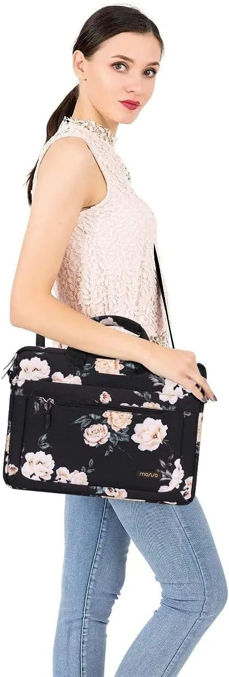 MOSISO Laptop Shoulder Bag Compatible with MacBook Air 15 inch M3 A3114 M2 A2941/Pro 16 M4 M3 M2 M1, 15-15.6 inch Notebook, Camellia Sleeve with Adjustable Depth at Bottom, Black