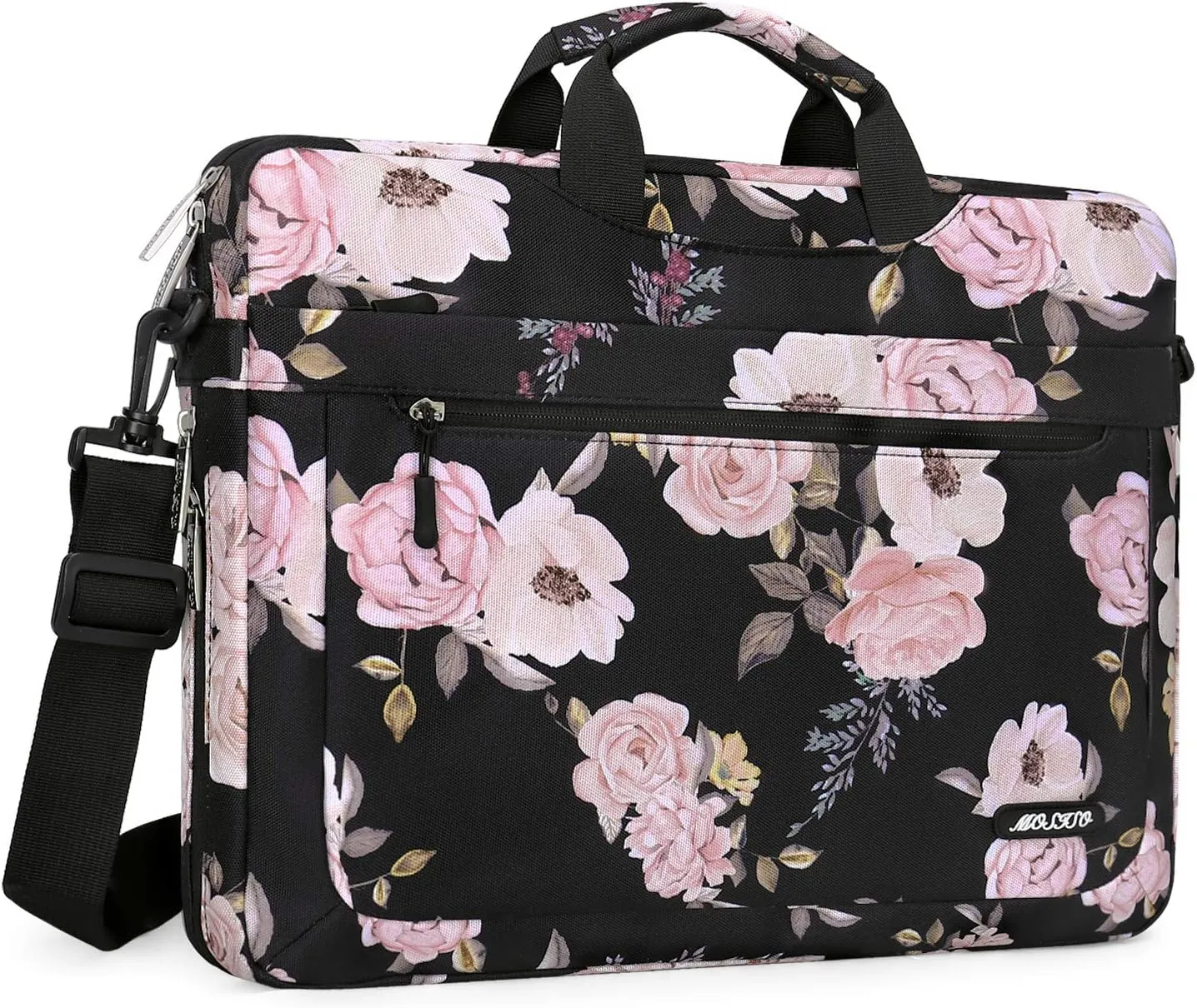 MOSISO Laptop Shoulder Bag Compatible with MacBook Air 15 inch M3 A3114 M2 A2941/Pro 16 M4 M3 M2 M1 2025-2019, 15-15.6 inch Notebook, Peony Sleeve with Adjustable Depth at Bottom, Black