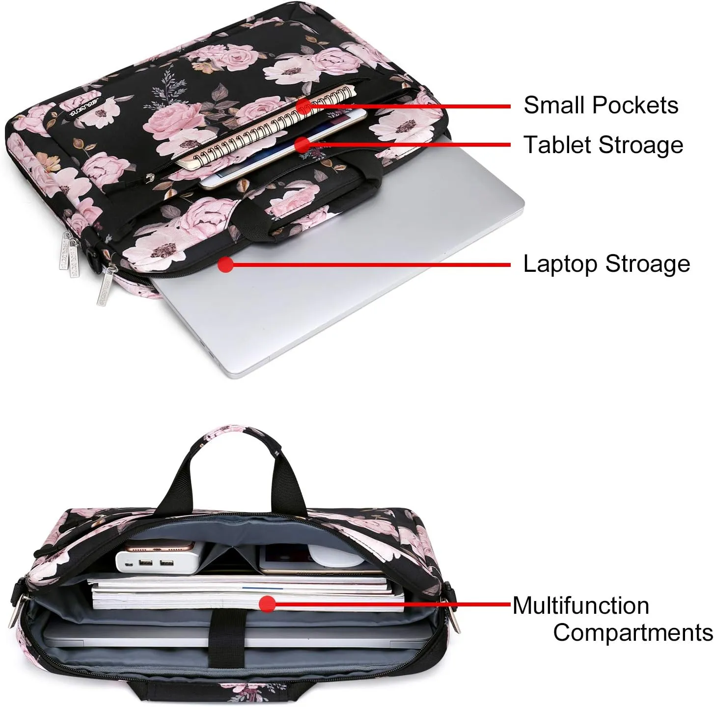 MOSISO Laptop Shoulder Bag Compatible with MacBook Air 15 inch M3 A3114 M2 A2941/Pro 16 M4 M3 M2 M1 2025-2019, 15-15.6 inch Notebook, Peony Sleeve with Adjustable Depth at Bottom, Black