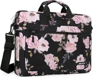 MOSISO Laptop Shoulder Bag Compatible with MacBook Air 15 inch M3 A3114 M2 A2941/Pro 16 M4 M3 M2 M1 2025-2019, 15-15.6 inch Notebook, Peony Sleeve with Adjustable Depth at Bottom, Black